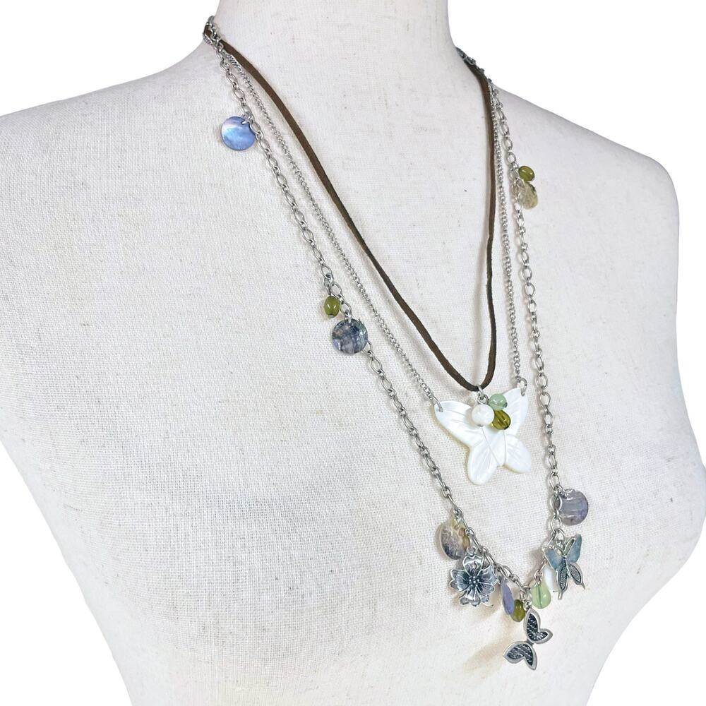 Butterfly Layered Charm Necklace Silver-Tone Chain / Brown Leather / Shell Beads